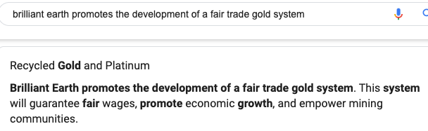 Brilliant Earth again here mentions that it promotes the development of a "fair trade" gold system—without providing any evidence, or offering any fair trade gold or Fairmined Gold items for sale.